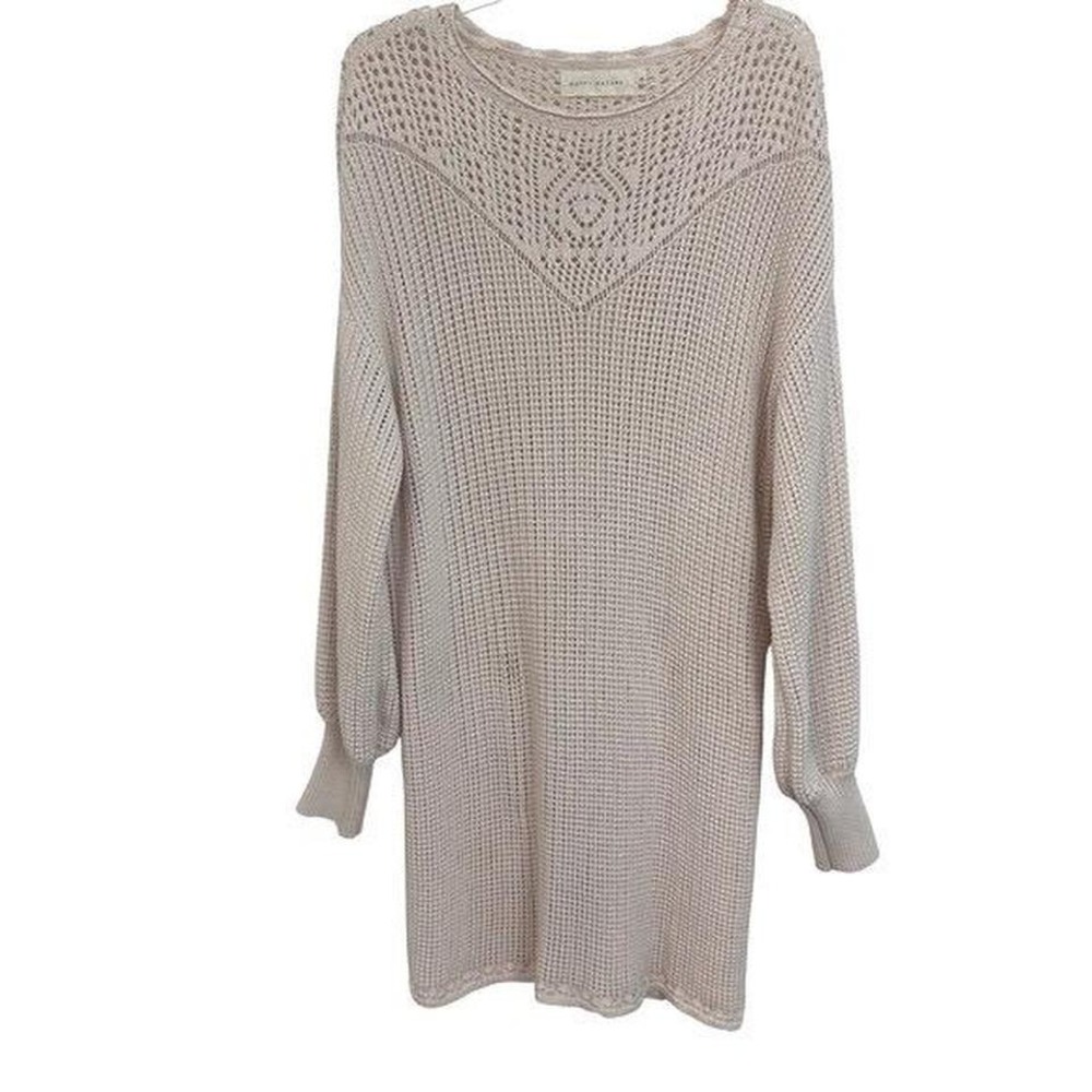 Happy Nature Cream Crochet Yoke Sweater Dress Recycled Cotton Knit Mini M EUC